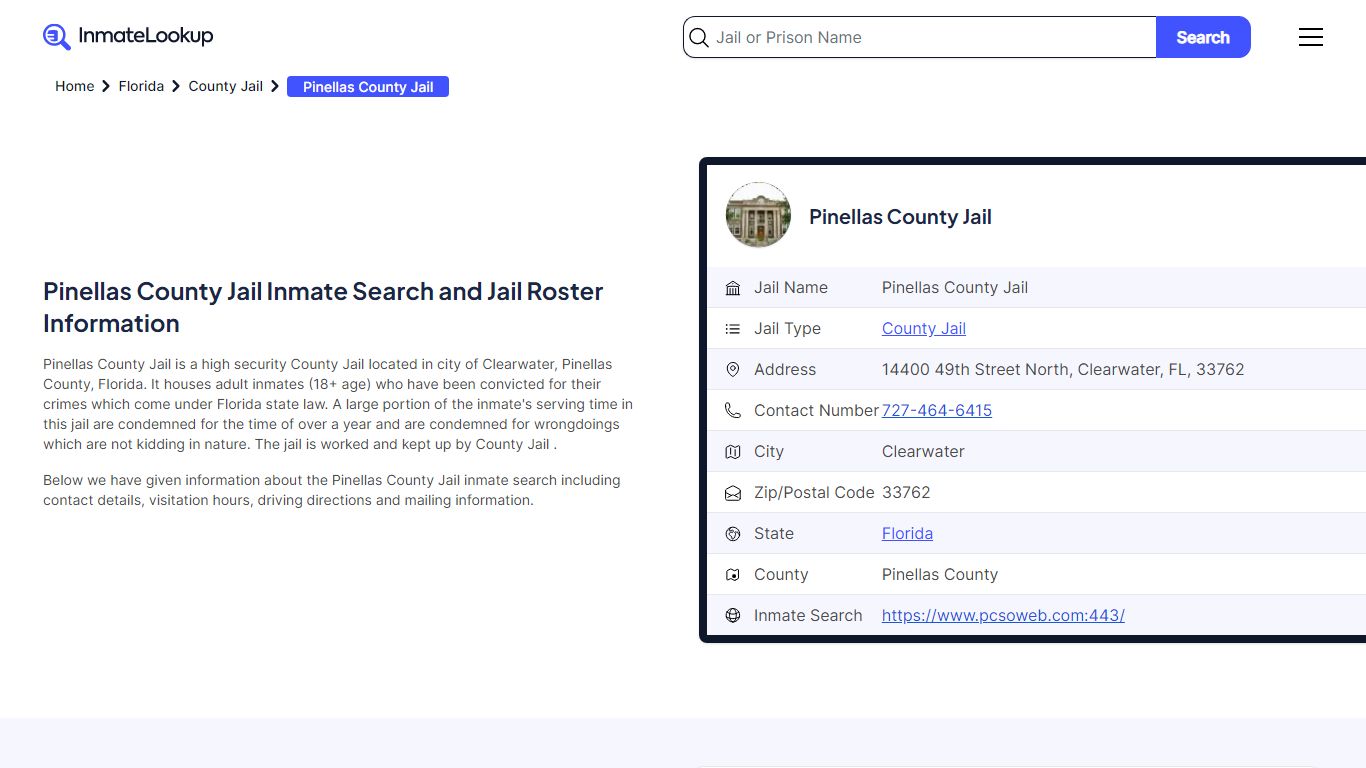 Pinellas County Jail Inmate Search and Jail Roster Information